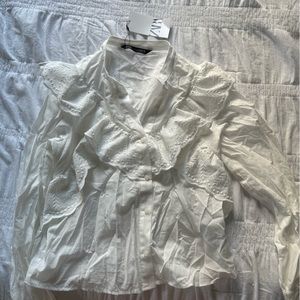 Zara white ruffle business casual top